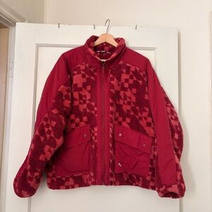 Joy Lab Maroon Sherpa Fleece Checkered Zip Up Cropped Jacket Size XL Target